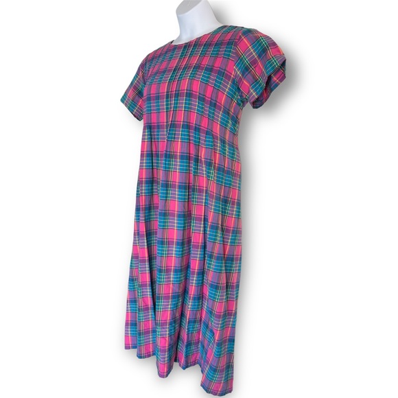 Vintage 90s Pleated Plaid Midi Dress Short Sleeves High Low Pink Blue - Picture 2 of 12